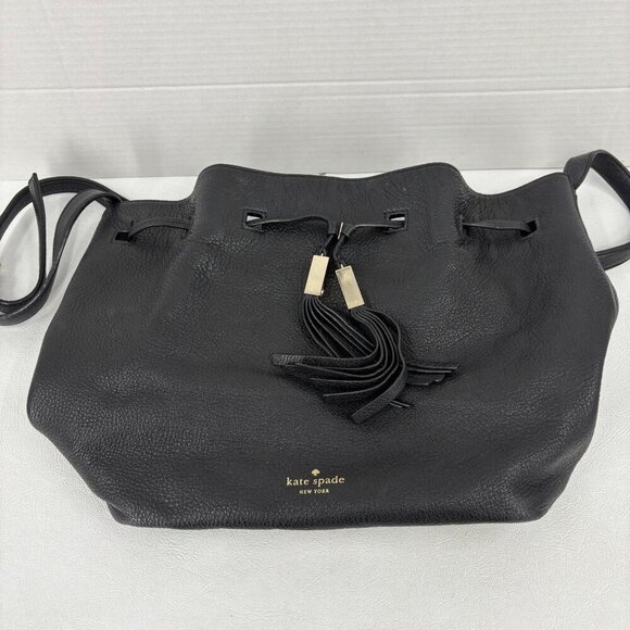 Kate Spade Grey Street Cooper Drawstring Bag Black Leather Gold Tone Crossbody - Picture 2 of 13